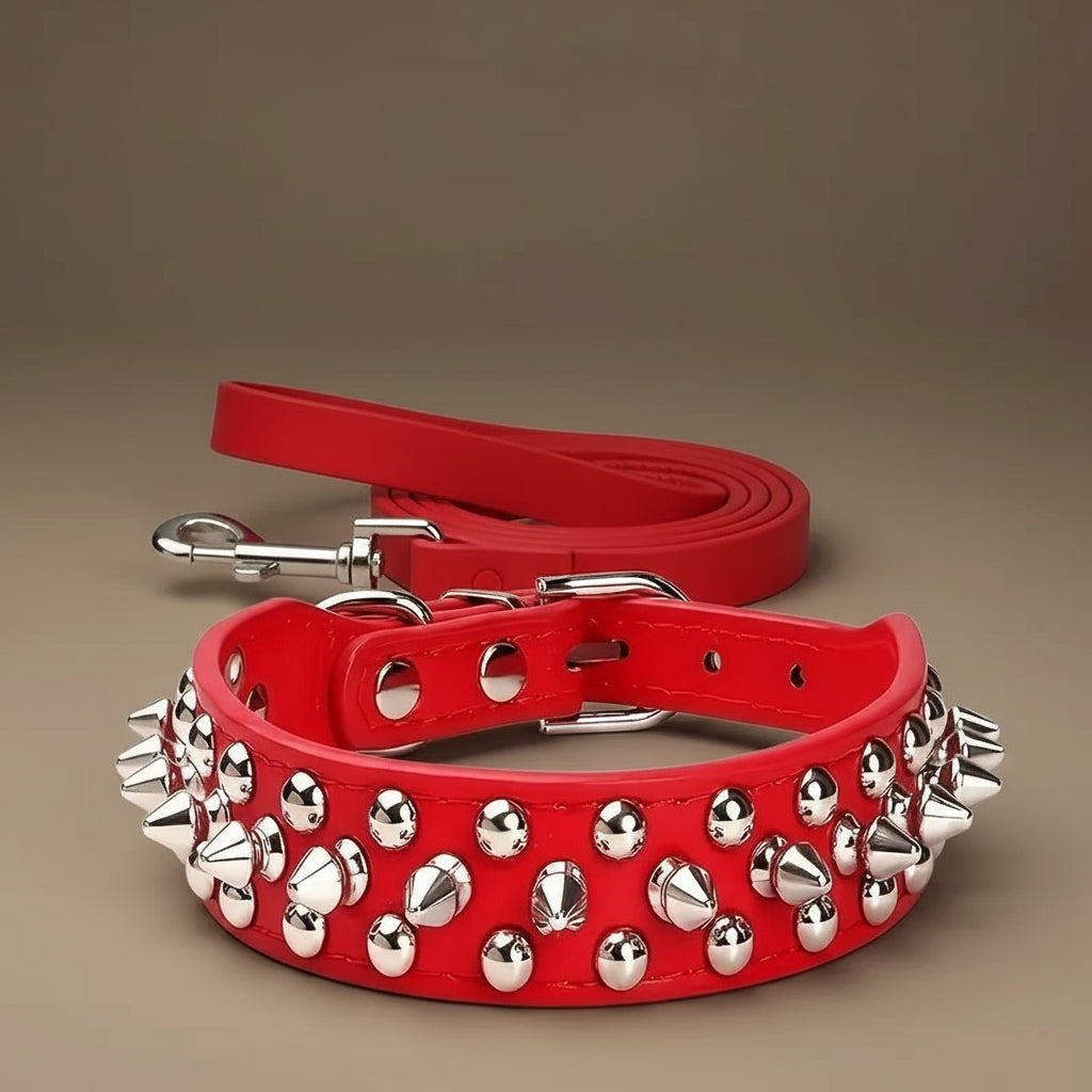Ensemble collier et laisse pour chien en cuir et à piques
